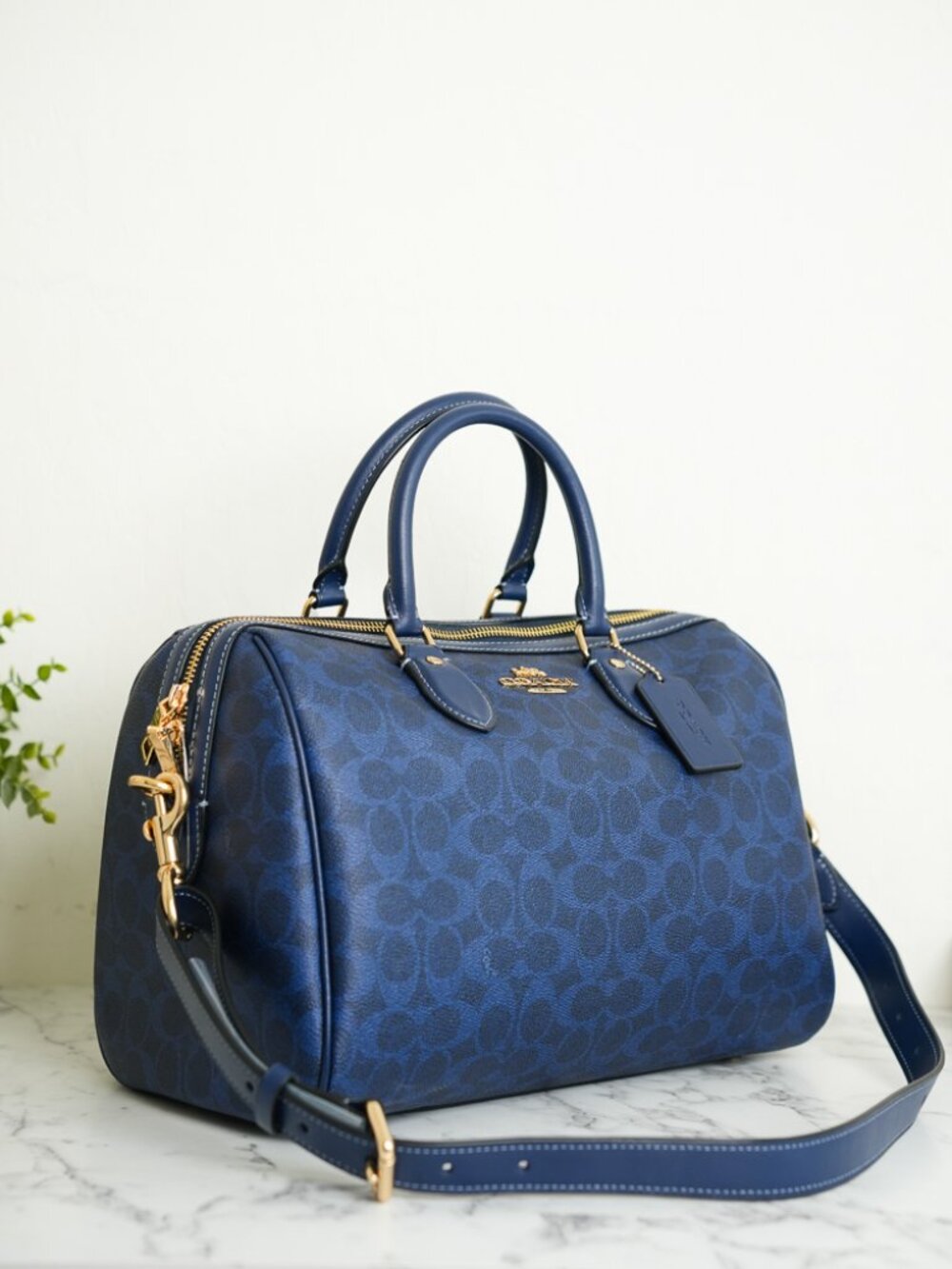 Coach CEY74 Rowan Large Satchel Bag In Signature Canvas Gold/Navy NWT